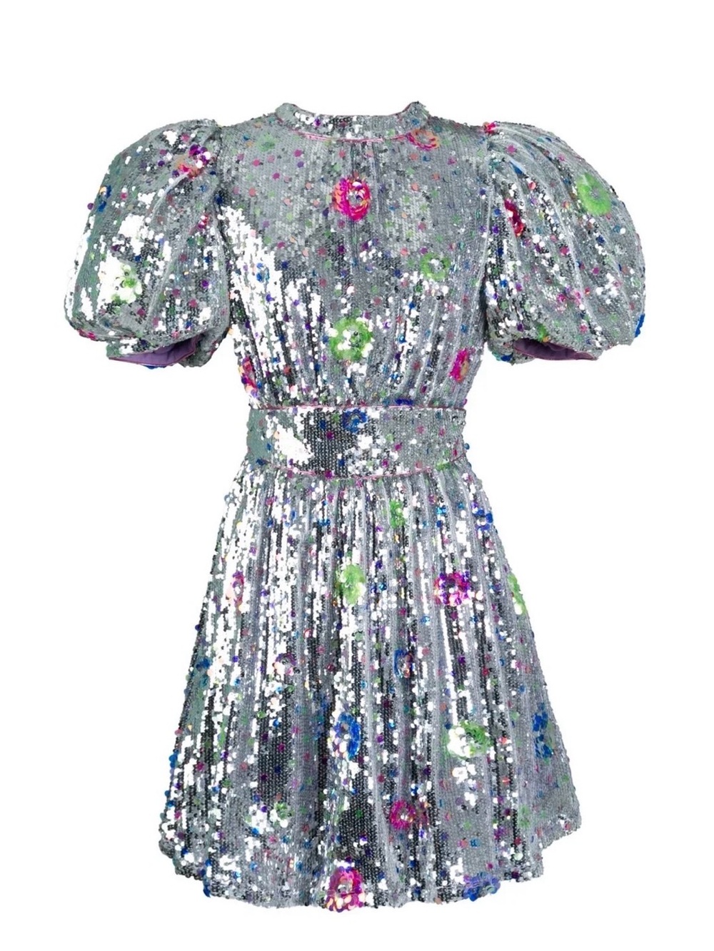 Celia B WONDERER DRESS SILVER Silver Sequin Puff Sleeve Mini Dress Size L